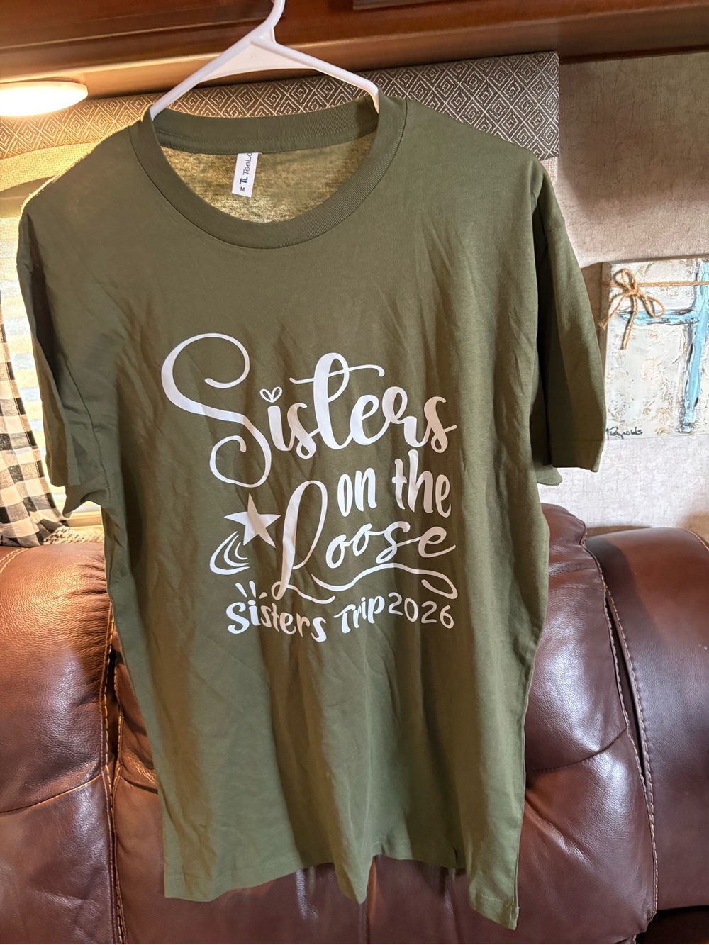 Elan Olive Green Short Sleeve Tee with White 'Sisters on the Loose' Script